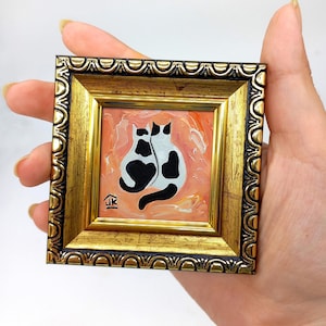 Minimalist Cat Couple Oil Painting: Small Framed Art