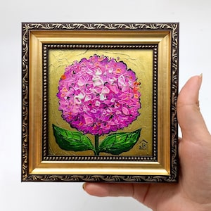 Hydrangea painting Framed hand-painted pink Hydrangea wall decor with gold leaf by Julia Kot