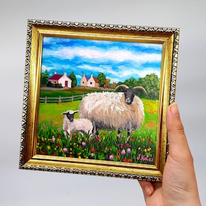 Framed Sheep Painting: Hand-Painted Irish Meadow Artwork