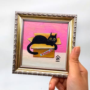 Black Cat Painting, Dopamine Decor, Quirky Kitten in Box, Cat Lover Gift image 14