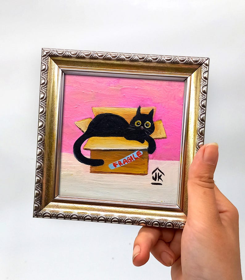 Black Cat Painting, Dopamine Decor, Quirky Kitten in Box, Cat Lover Gift image 14