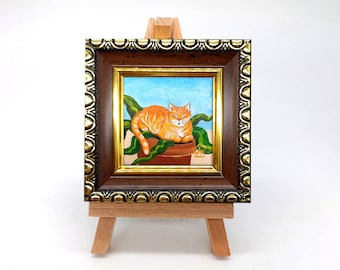 Ginger cat painting Framed hand-painted funny cute kitten on a flower in a pot artwork by Julia Kot