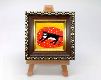 Tuxedo cat framed painting Funny cute kitten on a red blanket hand-painted art 2 by 2 by Julia Kot