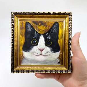 Tuxedo cat painting Framed hand-painted Funny cat portrait Yellow cat's eyes by Julia Kot