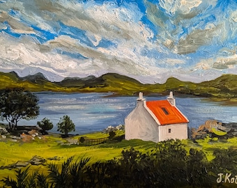 Scottish Cottage Landscape Painting, Framed Lake House Art, Highland Scenery, Cottagecore Wall Decor