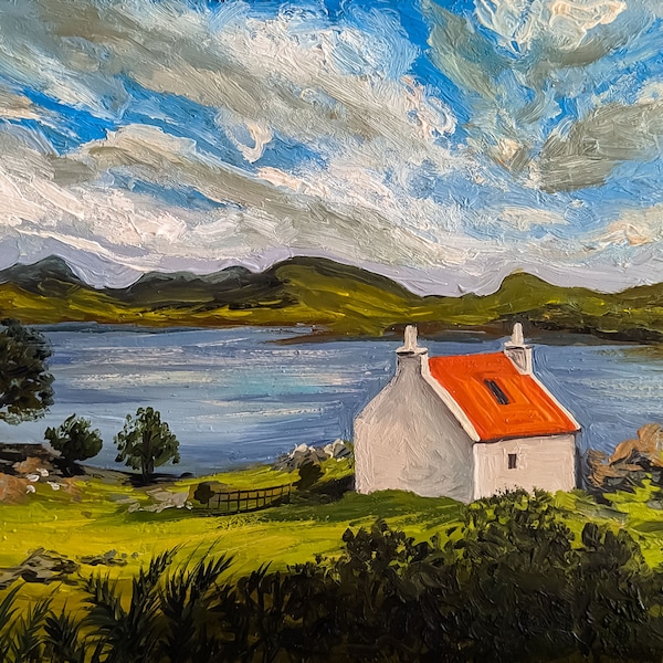 Ireland painting Framed hand-painted house portrait Clouds wall art Irish landscape by Julia Kot