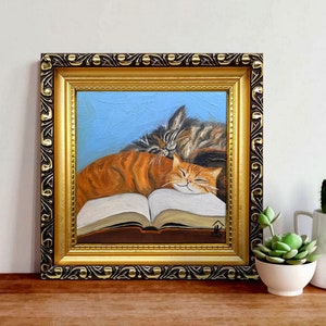 Ginger cat painting Framed hand-painted sleeping cats near the book Funny miniature by Julia Kot