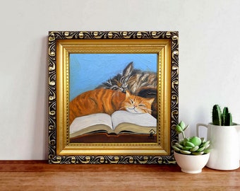 Ginger cat painting Framed hand-painted sleeping cats near the book Funny miniature by Julia Kot