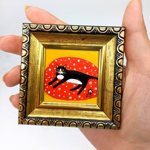 Tuxedo cat painting Framed hand-painted funny cute kitten on a red blanket wall decor by Julia Kot