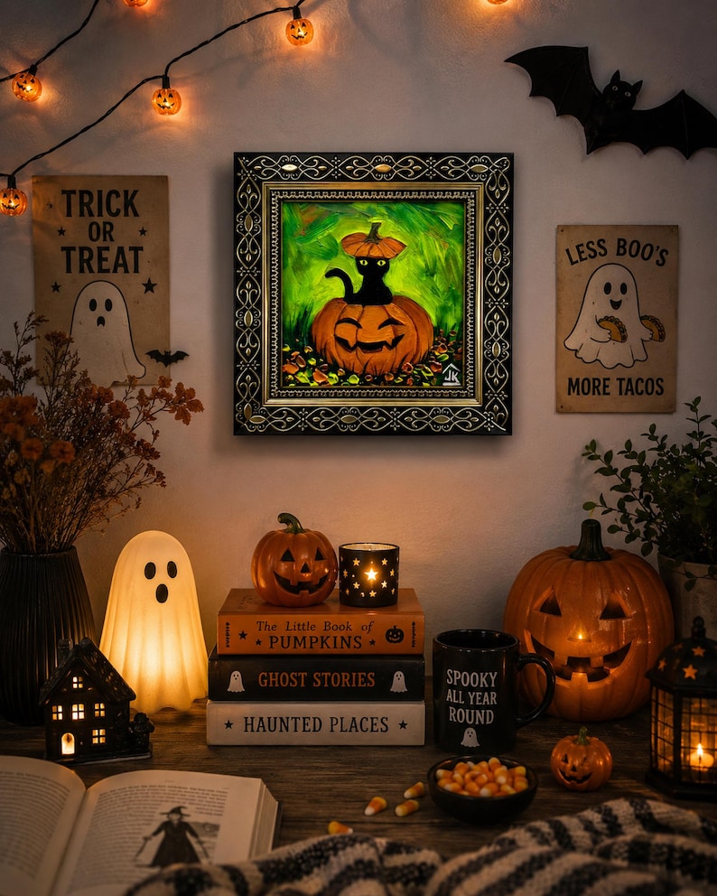 Op de afbeelding: Een ingelijst schilderij van een zwarte kat die in een uitgesneden pompoen zit tegen een groene achtergrond. Het schilderij hangt aan een muur, omringd door Halloween-decoraties zoals spookfiguren, pompoenen en boeken met verschillende titels.