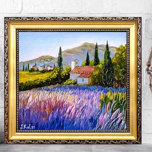Tuscany painting Framed landscape with lavender Italy impasto wall art by Julia Kot