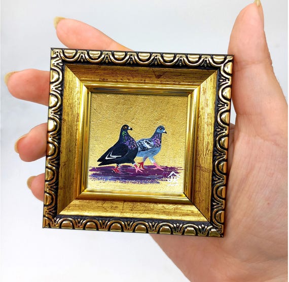 額入り鳩の絵画：小さなオリジナルアート、鳥好きへのギフト - Etsy 日本