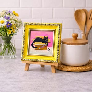 Black Cat Painting, Dopamine Decor, Quirky Kitten in Box, Cat Lover Gift image 19