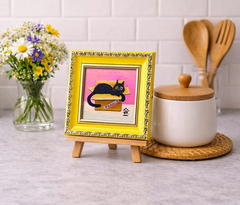 Black Cat Painting, Dopamine Decor, Quirky Kitten in Box, Cat Lover Gift image 19