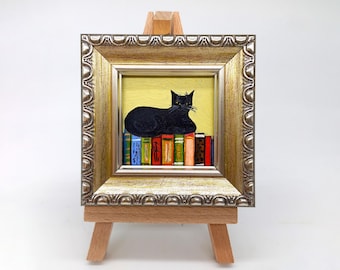 Black Cat Painting: Funny Kitty on Books, Framed Original Art