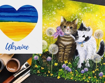 Stand with Ukraine Digital file for print Cat couple painting Fairytale romantic original art Pray for Ukraine Solidarity with Ukraine