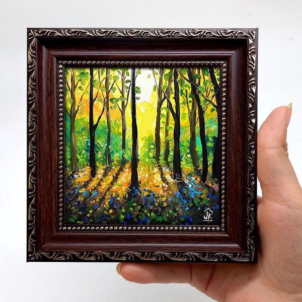Miniature Spring Forest Painting: Small Framed Landscape Art