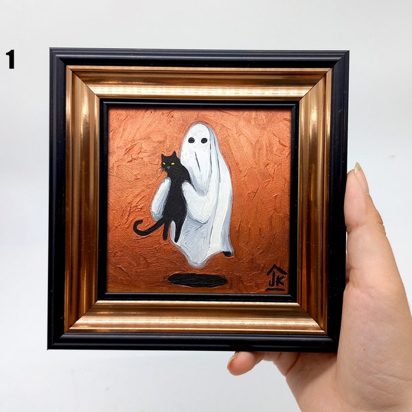 Ghost with black cat painting Framed Halloween handmade original wall art by Julia Kot