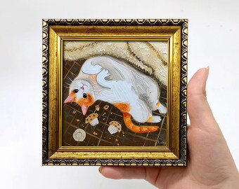 Pintura al óleo de gato: Gato naranja regordete con muffins, arte de retrato de mascota
