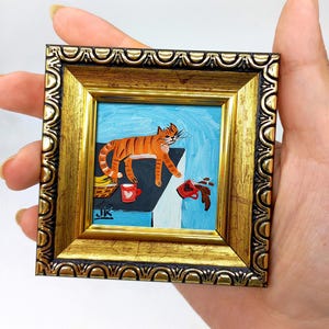Orange cat tiny painting Funny cat on the kitchen framed original art by Julia Kot