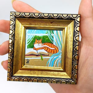 Framed Orange Cat Painting: Miniature Book Lover&#39;s Wall Art