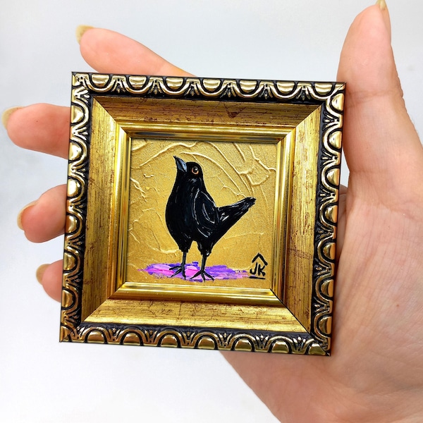 Crow Mini Painting: Funny Bird Art with Gold Frame (2x2 inches)