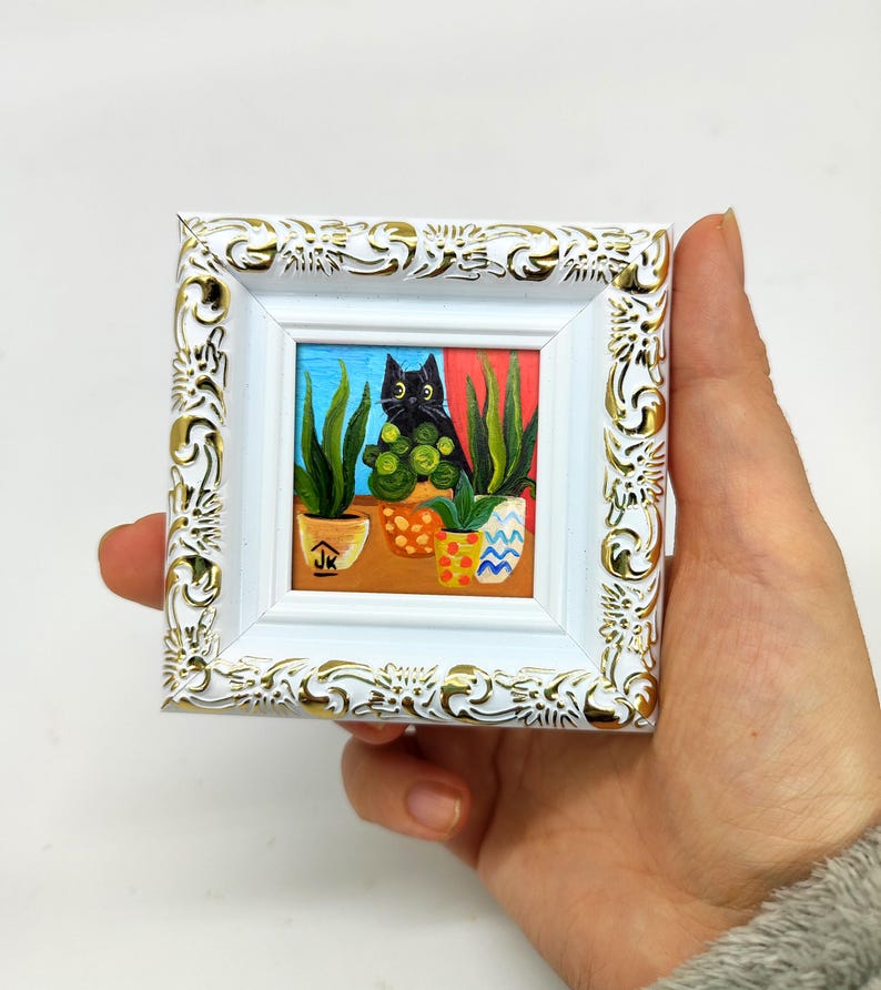 Black Cat Painting, Colorful Plant Decor, Original Whimsical Art, Cat Lover Gift zdjęcie 16