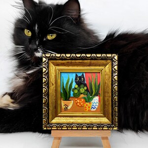Black Cat Painting, Colorful Plant Decor, Original Whimsical Art, Cat Lover Gift zdjęcie 15