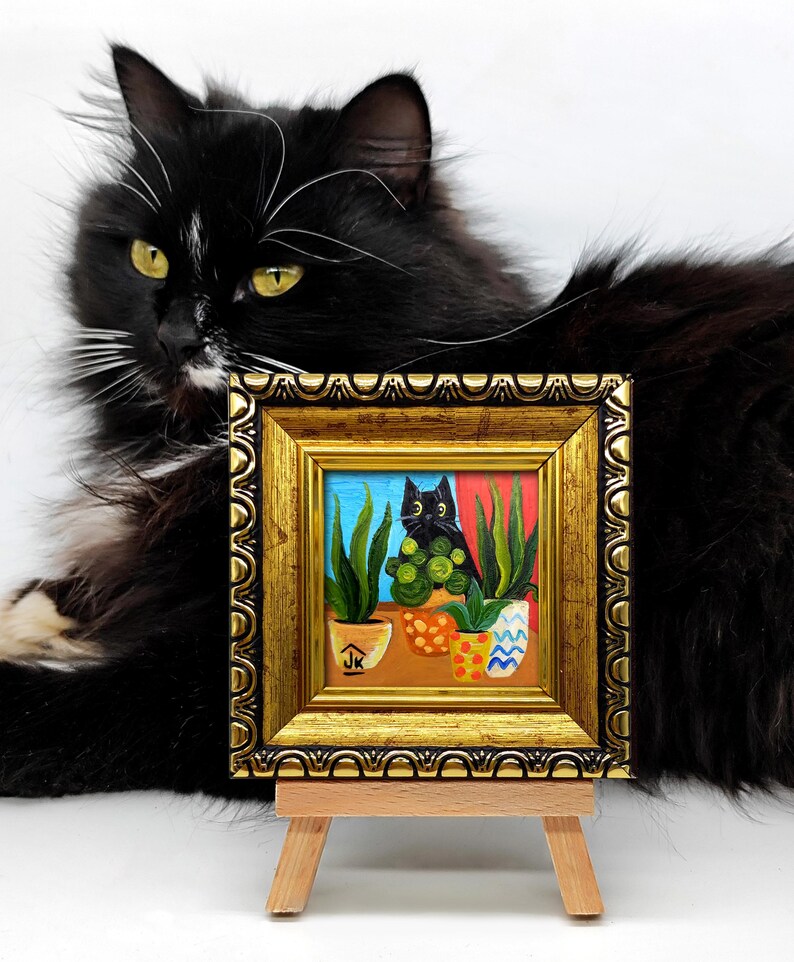 Black Cat Painting, Colorful Plant Decor, Original Whimsical Art, Cat Lover Gift zdjęcie 15