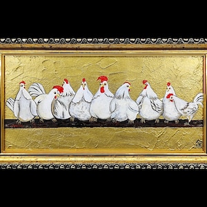 Framed Chicken Oil Painting: Whimsical Farmhouse Wall Art with Gold Leaf