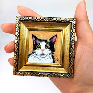 Tuxedo Cat Painting: Funny Framed Original Art, 2x2