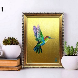 Hummingbird painting Framed hand-painted colorful tiny bird wall art with gold leaf by Julia Kot