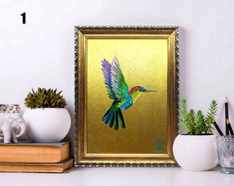 Hummingbird painting Framed hand-painted colorful tiny bird wall art with gold leaf by Julia Kot