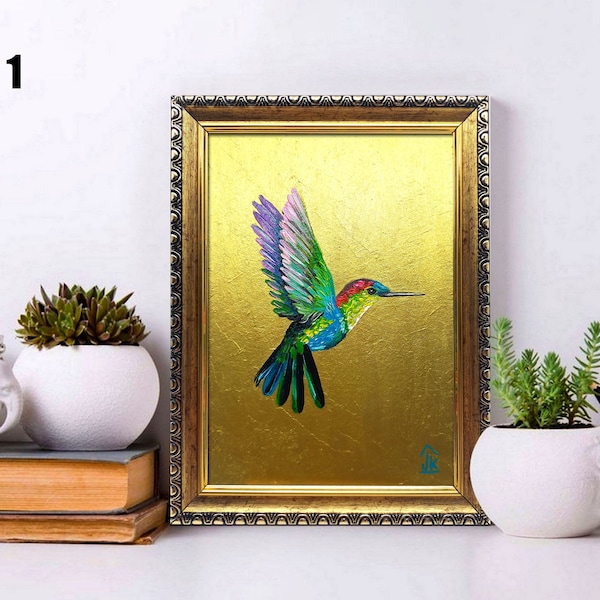 Hummingbird painting Framed hand-painted colorful tiny bird wall art with gold leaf by Julia Kot