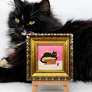Black Cat Painting, Dopamine Decor, Quirky Kitten in Box, Cat Lover Gift image 11