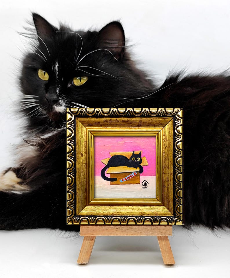 Black Cat Painting, Dopamine Decor, Quirky Kitten in Box, Cat Lover Gift image 11