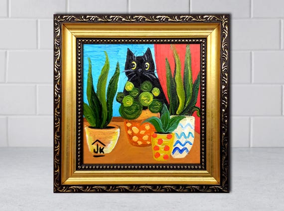 Black Cat Painting, Colorful Plant Decor, Original Whimsical Art, Cat Lover Gift