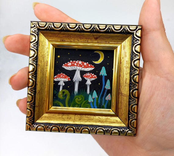 Fly Agaric Mushroom Painting: Framed Halloween Miniature Art (2x2)