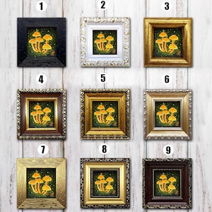 May include: Nine different framed prints of a painting of yellow mushrooms on a green background. The frames are in various styles and colors, including black, white, gold, and brown.