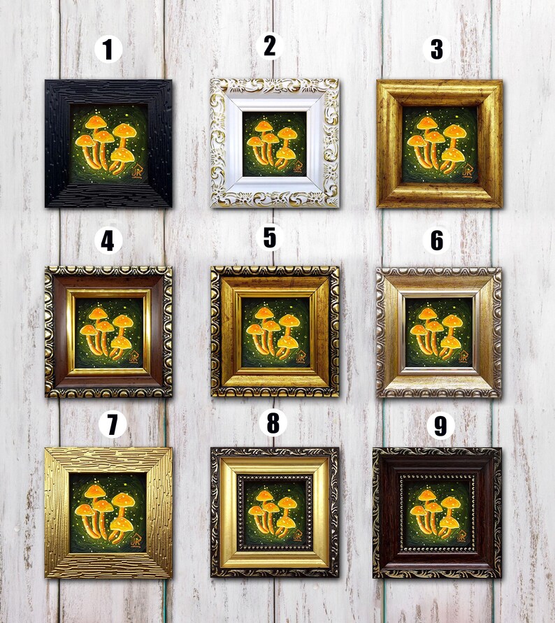May include: Nine different framed prints of a painting of yellow mushrooms on a green background. The frames are in various styles and colors, including black, white, gold, and brown.