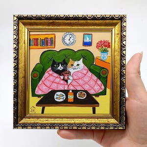 Mini cat art Cozy cats on couch painting Whimsical pet portrait Cute cat couple wall decor Small original framed artwork Gift for cat lovers