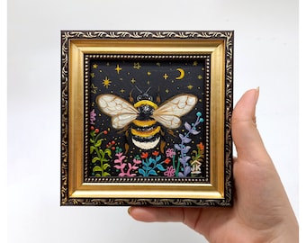 Bumblebee painting Framed handpainted Halloween original wall art Black artwork by Julia Kot