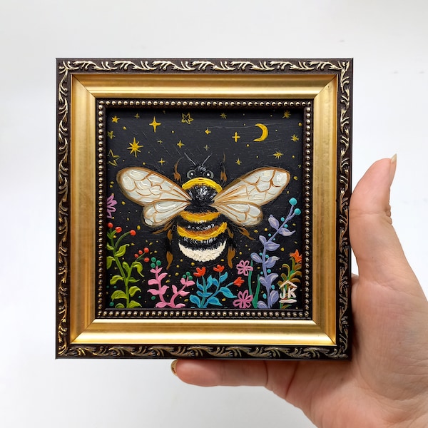 Bumblebee Oil Painting: Night Bee Small Original Framed Art 4 by 4