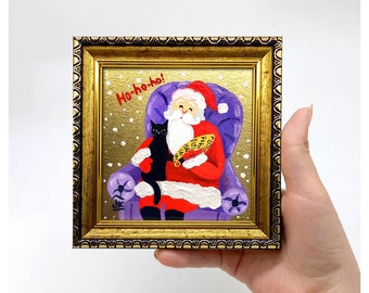 Black cat painting Framed hand-painted Cute kitty and Santa Claus art Christmas wall decor by Julia Kot