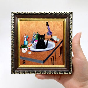 Black cat painting Framed hand-painted funny cat in the sink Bathroom wall decor cottagecore by Julia Kot