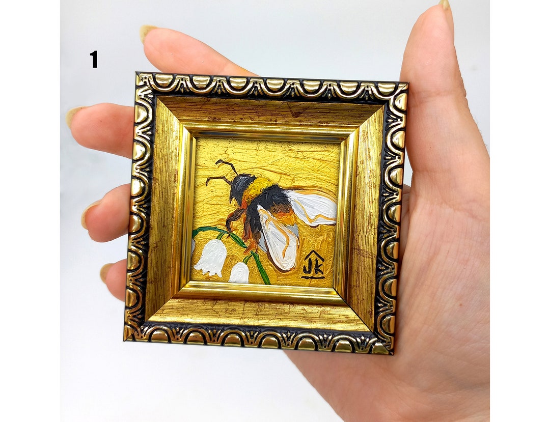 Bumblebee Painting Floral Gold Acrylic Framed Painting Flower Wall Art ...