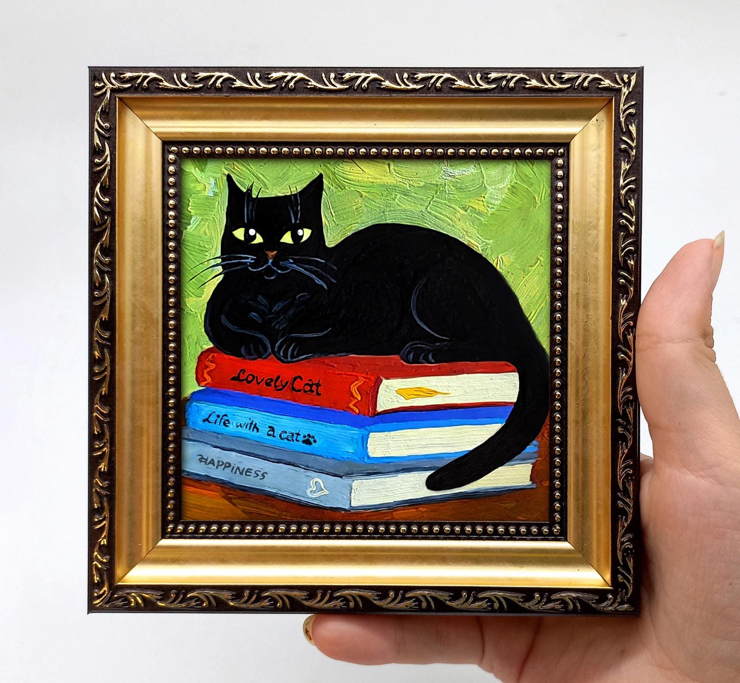 黒猫の絵画、本好きへの贈り物、居心地の良いインテリア、小さな額入り