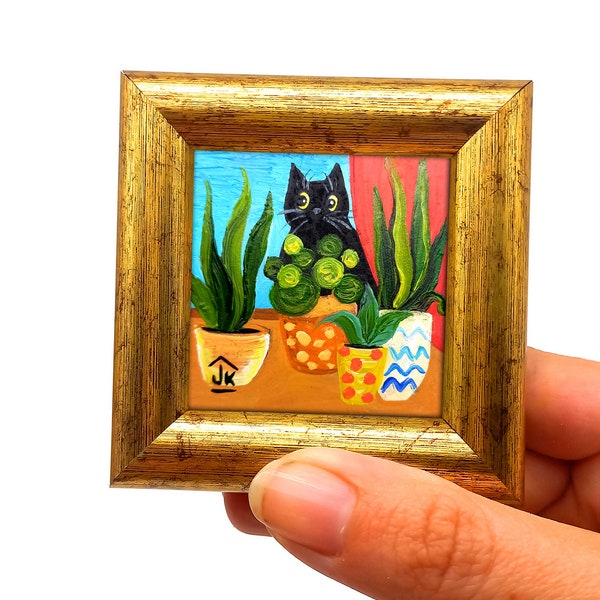 Black cat framed painting Funny cute kitten on the window with flowers hand-painted art 2 by 2 by Julia Kot
