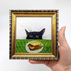 Black Cat Breakfast Painting: Framed Miniature Oil Portrait