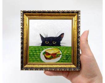 Black Cat Breakfast Painting: Framed Miniature Oil Portrait